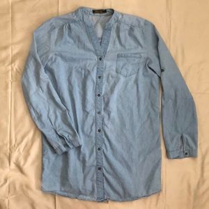 Light wash, jean, button up dress. Long sleeves